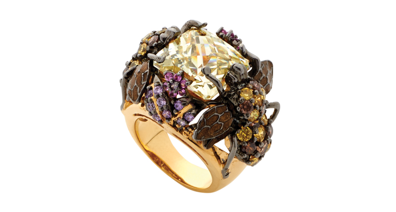 The Beetle ring from Anabela Chan features a citrine at center surrounded by pave-set amethysts, pink sapphires and garnets in 18-karat yellow gold and silver ($1,253). The Beetle ring from Anabela Chan features a citrine at center surrounded by pave-set amethysts, pink sapphires and garnets in 18-karat yellow gold and silver ($1,253).