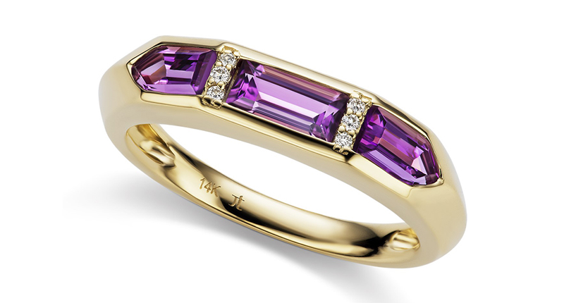 The Cirque knife edge arrow band from Jane Taylor Jewelry features amethyst and diamonds in 14-karat yellow gold ($880). The Cirque knife edge arrow band from Jane Taylor Jewelry features amethyst and diamonds in 14-karat yellow gold ($880).