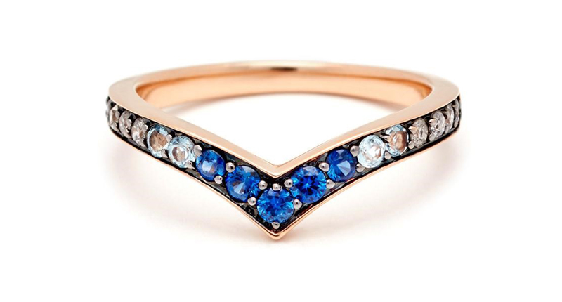 This is Anna Sheffield’s Orbit ombre band with blue sapphire, aquamarine and diamonds set in 18-karat rose gold ($1,700). This is Anna Sheffield’s Orbit ombre band with blue sapphire, aquamarine and diamonds set in 18-karat rose gold ($1,700).