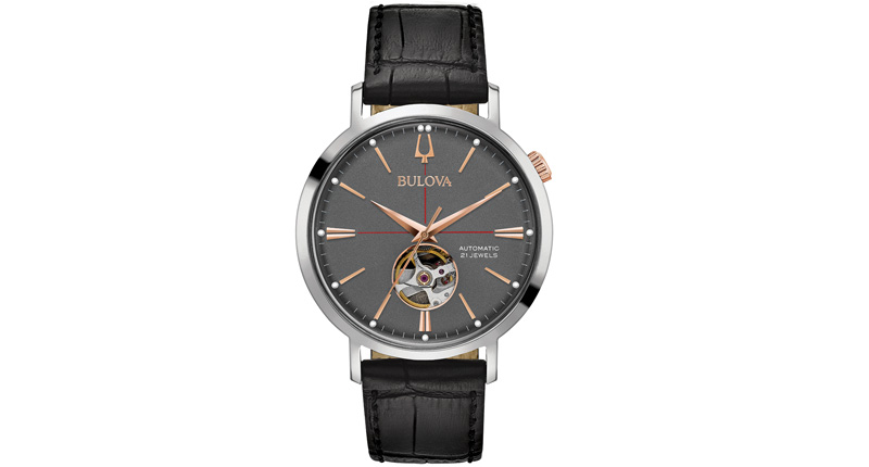 Bulova’s 41 mm Aerojet Automatic is powered by a self-winding automatic Miyota movement and has a power reserve of 40 hours and an exhibition caseback. It is stainless steel with details finished in a rose gold tone and the crown at 2 o’clock ($395). Bulova’s 41 mm Aerojet Automatic is powered by a self-winding automatic Miyota movement and has a power reserve of 40 hours and an exhibition caseback. It is stainless steel with details finished in a rose gold tone and the crown at 2 o’clock ($395).