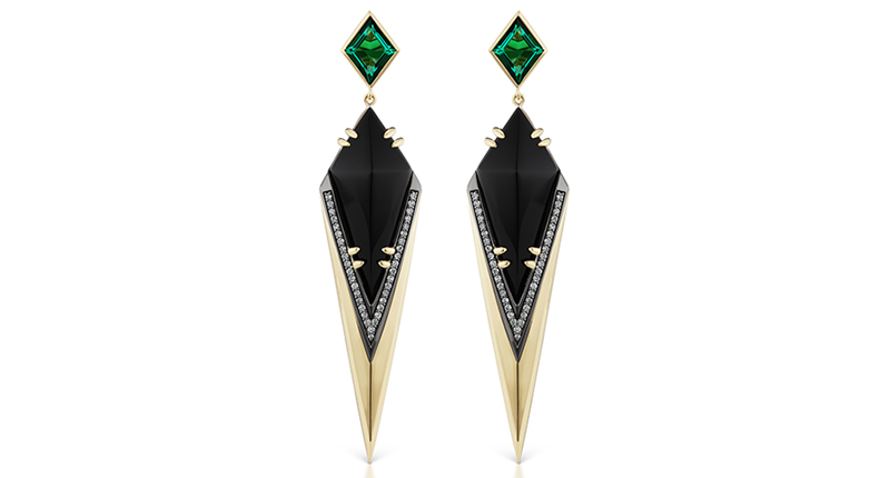 Sorellina’s Axl Pelle Freccia earrings, with black onyx, green quartz and diamonds set in 18-karat yellow gold and black rhodium silver ($7,500) Sorellina’s Axl Pelle Freccia earrings, with black onyx, green quartz and diamonds set in 18-karat yellow gold and black rhodium silver ($7,500)