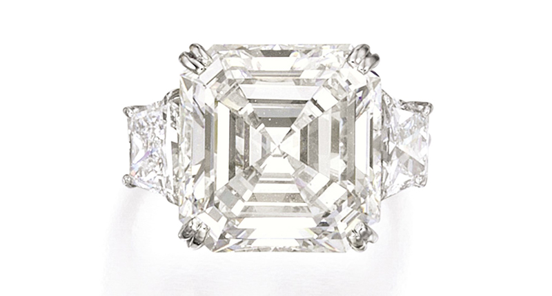 Another diamond ring, this one centering on a square emerald-cut diamond weighing 10.02 carats, flanked by trapeze-cut diamonds weighing a total of 1.75 carats, garnered $394,000. Another diamond ring, this one centering on a square emerald-cut diamond weighing 10.02 carats, flanked by trapeze-cut diamonds weighing a total of 1.75 carats, garnered $394,000.
