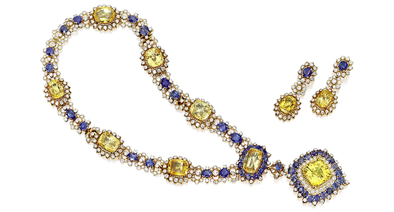 This suite from Van Cleef & Arpels went for $340,000. The necklace features yellow and blue sapphires and diamonds, with a detachable pendant-brooch boasting an 84.90-carat yellow sapphire at center, and matching earrings. This suite from Van Cleef & Arpels went for $340,000. The necklace features yellow and blue sapphires and diamonds, with a detachable pendant-brooch boasting an 84.90-carat yellow sapphire at center, and matching earrings.