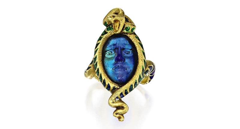 This ring from René Lalique circa 1900 is designed as a green-blue glass face of Medusa, with blue and green enamel scales applied to the snake. It garnered $322,000, well above its $15,000 to $20,000 pre-sale estimate. This ring from René Lalique circa 1900 is designed as a green-blue glass face of Medusa, with blue and green enamel scales applied to the snake. It garnered $322,000, well above its $15,000 to $20,000 pre-sale estimate.