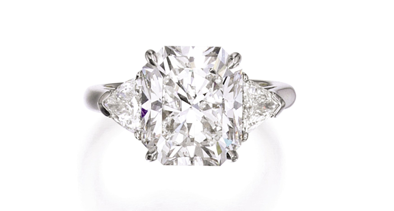A Tiffany & Co. ring with a cut-cornered rectangular modified mixed-cut diamond weighing 5.69 carats at center surrounded by two modified triangle-shaped diamonds weighing approximately 0.60 carats went for $200,000. A Tiffany & Co. ring with a cut-cornered rectangular modified mixed-cut diamond weighing 5.69 carats at center surrounded by two modified triangle-shaped diamonds weighing approximately 0.60 carats went for $200,000.