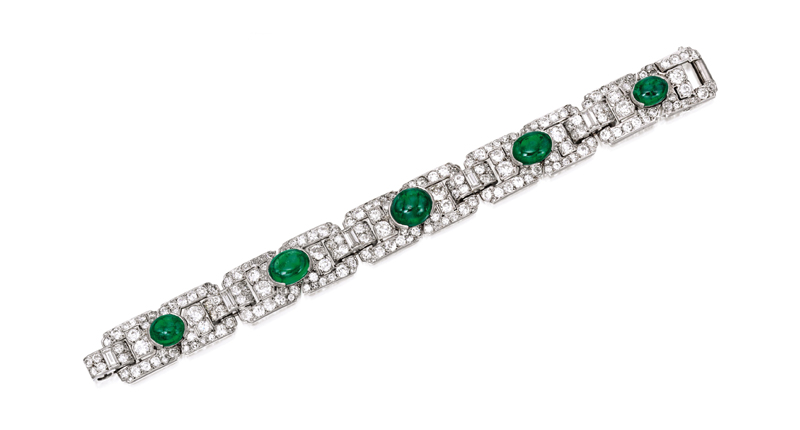 This platinum bracelet is set with five oval-shaped emerald cabochons (approximately 21.35 carats) accented by round, baguette, old European and single-cut diamonds (about 17.70 carats). It garnered $187,500. This platinum bracelet is set with five oval-shaped emerald cabochons (approximately 21.35 carats) accented by round, baguette, old European and single-cut diamonds (about 17.70 carats). It garnered $187,500.