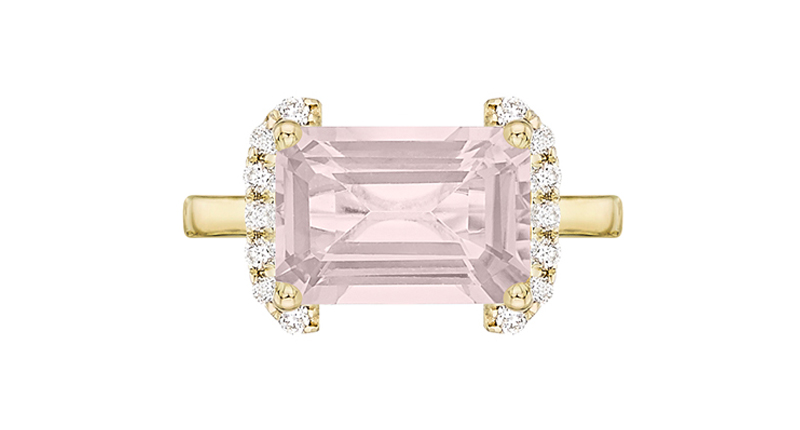 From Arya Esha’s Galaxy collection, the Lara mini ring features a 3.61-carat rose quartz accented with 0.21 carats of diamonds in recycled 14-karat yellow gold ($1,500). From Arya Esha’s Galaxy collection, the Lara mini ring features a 3.61-carat rose quartz accented with 0.21 carats of diamonds in recycled 14-karat yellow gold ($1,500).