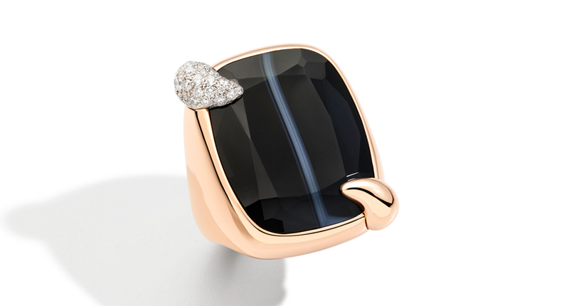 This ring from Pomellato’s Ritratto collection celebrating its 50th anniversary boasts a black and white “tuxedo” agate and diamonds in 18-karat rose gold ($11,500). This ring from Pomellato’s Ritratto collection celebrating its 50th anniversary boasts a black and white “tuxedo” agate and diamonds in 18-karat rose gold ($11,500).