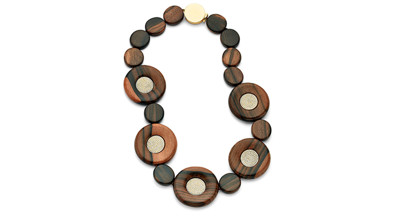 Pamela Huizenga’s necklace features round wood beads and pave diamond sections (9.16 total carats) with 18-karat gold (price available upon request). Pamela Huizenga’s necklace features round wood beads and pave diamond sections (9.16 total carats) with 18-karat gold (price available upon request).