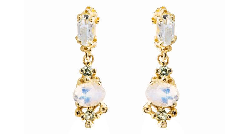 These earrings from Ruta Reifen feature rainbow moonstone and green sapphires set in 14-karat gold ($1,100). These earrings from Ruta Reifen feature rainbow moonstone and green sapphires set in 14-karat gold ($1,100).