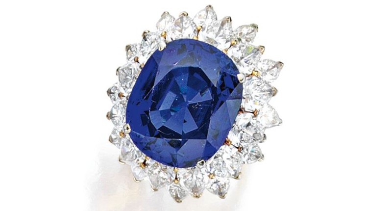 This Bulgari ring with a cushion-cut sapphire weighing 24.72 carats at center accented by pear-shaped diamonds weighing a total of 9 carats had a pre-sale estimate of between $250,000 and $350,000. It ended up selling for twice that at $706,000. This Bulgari ring with a cushion-cut sapphire weighing 24.72 carats at center accented by pear-shaped diamonds weighing a total of 9 carats had a pre-sale estimate of between $250,000 and $350,000. It ended up selling for twice that at $706,000.