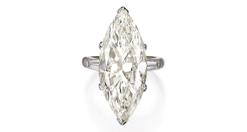 This ring with a marquise-shaped diamond weighing 10.10 carats at center and flanked by two tapered baguette diamonds went for $634,000. This ring with a marquise-shaped diamond weighing 10.10 carats at center and flanked by two tapered baguette diamonds went for $634,000.