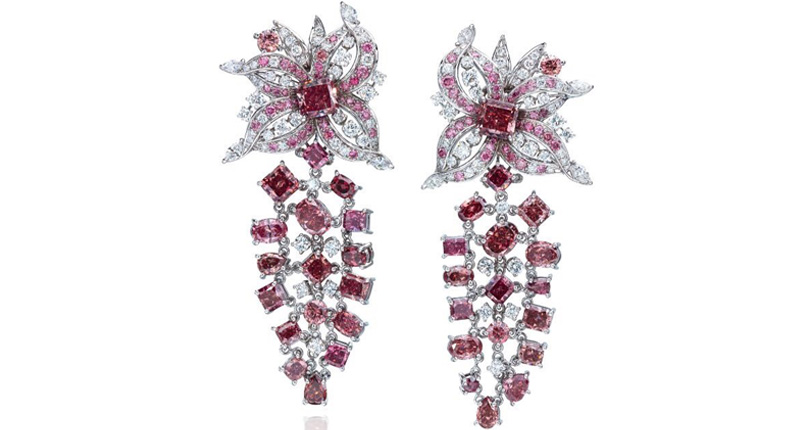 The main stones in the “Argyle Allegro Red Roses” earrings from the Nicholas Sparks Collection are 1.37 carats each, and the pair together contain nearly 10 carats of red diamonds with pink melee, all set in platinum. The main stones in the “Argyle Allegro Red Roses” earrings from the Nicholas Sparks Collection are 1.37 carats each, and the pair together contain nearly 10 carats of red diamonds with pink melee, all set in platinum.