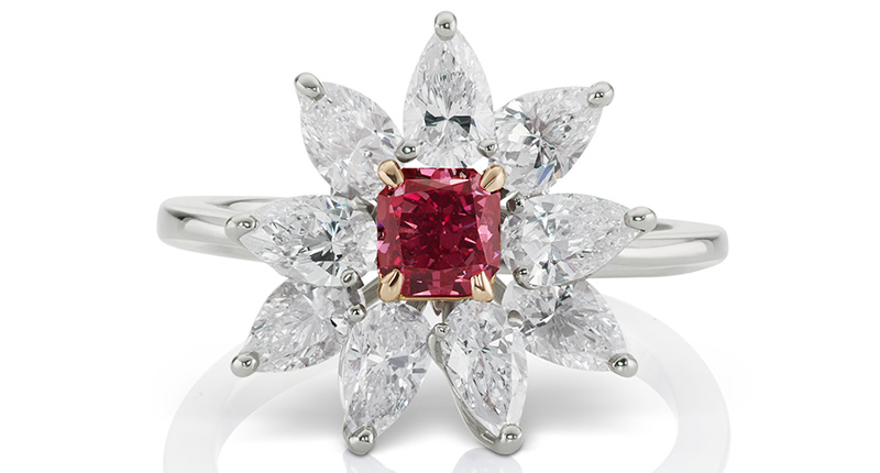 Also at the event from JFine, which is an authorized partner of Argyle Pink Diamonds, was this ring with a 0.48-carat fancy purplish-red radiant-cut diamond surrounded by nine pear-shaped white diamonds (2.70 carats total) set in 18-karat white and pink gold. Also at the event from JFine, which is an authorized partner of Argyle Pink Diamonds, was this ring with a 0.48-carat fancy purplish-red radiant-cut diamond surrounded by nine pear-shaped white diamonds (2.70 carats total) set in 18-karat white and pink gold.