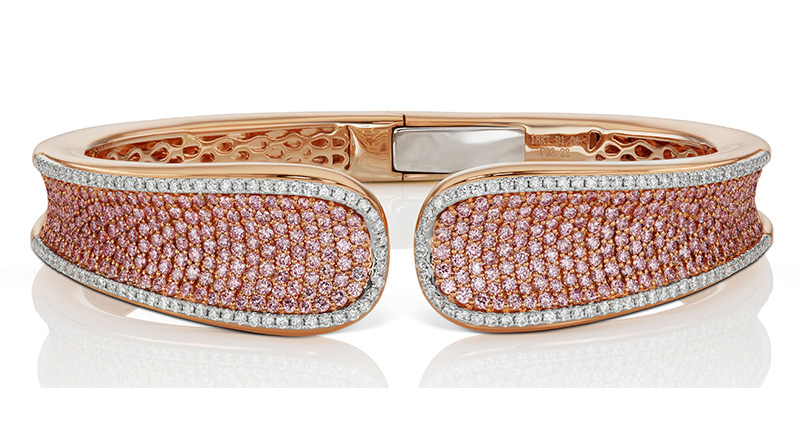 Also on display at Rio Tinto’s event Wednesday in New York was JFine’s “Argyle Saddle Cuff,” with 3.21 carats of Argyle pink diamonds and 0.98 carats of white diamonds set in 18-karat pink gold Also on display at Rio Tinto’s event Wednesday in New York was JFine’s “Argyle Saddle Cuff,” with 3.21 carats of Argyle pink diamonds and 0.98 carats of white diamonds set in 18-karat pink gold