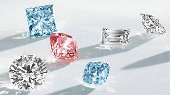 White, pink, and blue lab-grown diamonds from Lightbox 
