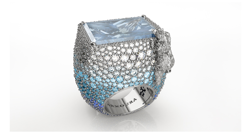 <p><a href="https://armoura.com/product-category/jewelry/cocktail-rings/" target="_blank" rel="noopener">Armoura</a> The Glacier Ring with aquamarine, sapphire and diamond polar bear in 18-karat gold ($34,500) </p>