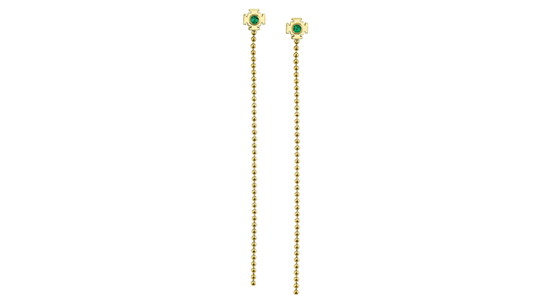 <a href="http://www.arkfinejewelry.com" target="_blank" rel="noopener noreferrer">Ark Fine Jewelry</a> bead chain shoulder duster earrings in 18-karat yellow gold with emeralds ($1,785)