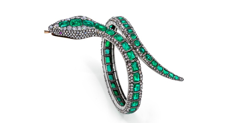 Snake Bracelet, French, ca. 1850. Emeralds, diamonds, pink sapphires (eyes), silver and gold.