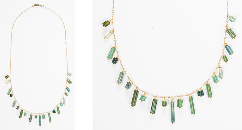 The “Kelp” necklace offers raw green tourmaline crystals set in 14-karat gold ($1,095).