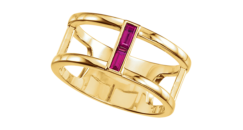 This is Stuller’s 14-karat yellow gold and ruby baguette ring ($1,299). JCK Las Vegas B60046 and B62046. <a href="http://www.Stuller.com" target="_blank">Stuller.com</a>