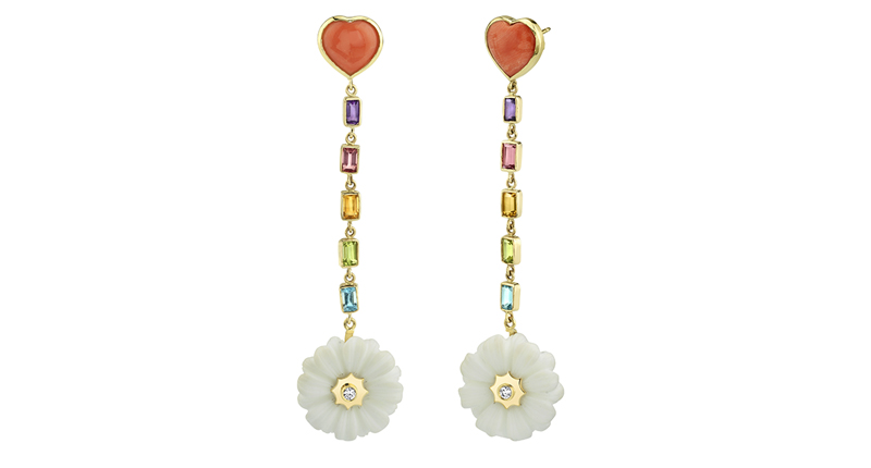 <a href="http://www.brentneale.com" target="_blank" rel="noopener noreferrer">Brent Neale</a> heart and wildflower drop earrings in 18-karat yellow gold with white agate, coral, diamond, amethyst, citrine, pink tourmaline, blue topaz and peridot ($3,450)