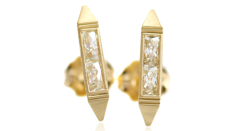These “Estella” bar earrings boast 0.33 total carats of custom-cut French-cut diamonds in 18-karat gold ($2,800). They’re also available with yellow, pink or blue French-cut sapphires and baguette diamonds (price of those available upon request). These “Estella” bar earrings boast 0.33 total carats of custom-cut French-cut diamonds in 18-karat gold ($2,800). They’re also available with yellow, pink or blue French-cut sapphires and baguette diamonds (price of those available upon request).