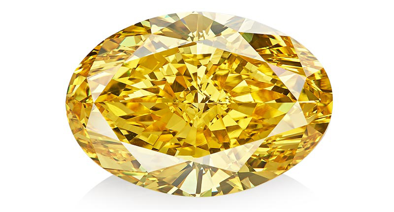 This 15.11-carat natural fancy vivid orangey-yellow diamond is one of 250 natural color diamonds being auctioned by Alrosa in Hong Kong. It is oval shaped with a clarity grade of SI2.