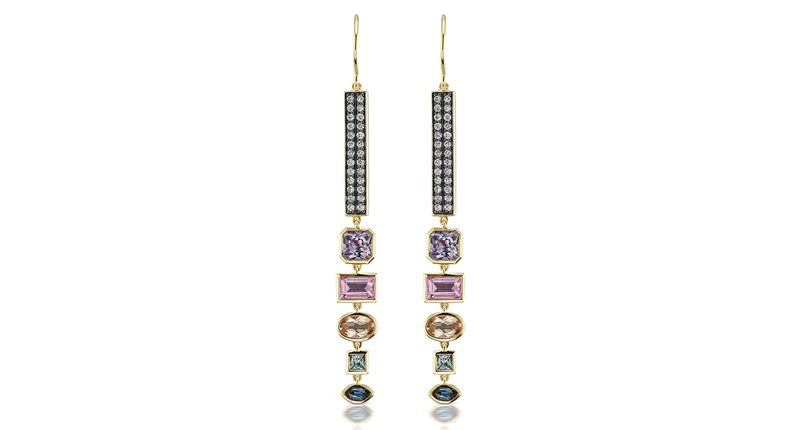 <a href="http://www.sorellinanewyork.com" target="_blank" rel="noopener noreferrer">Sorellina</a> diamond pave bar earrings in 18-karat yellow gold with white diamonds, spinel, imperial topaz and multicolored sapphires ($3,250)