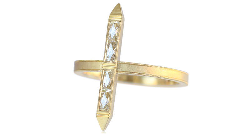 Winters’ “Estella” bar ring with 0.33 carats of custom-cut French cut diamonds in 18-karat gold ($3,100). It’s also available with yellow, pink or blue French-cut sapphires and baguette diamonds (price of those available upon request). Winters’ “Estella” bar ring with 0.33 carats of custom-cut French cut diamonds in 18-karat gold ($3,100). It’s also available with yellow, pink or blue French-cut sapphires and baguette diamonds (price of those available upon request).