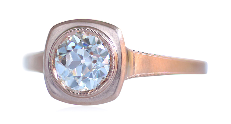 The “Jin” bezel solitaire engagement ring with a cushion outline, soft knife edge and milgrain detail as well as Winters’ signature soft finish, set in 18-karat rose gold (setting starts at $2,400). The “Jin” bezel solitaire engagement ring with a cushion outline, soft knife edge and milgrain detail as well as Winters’ signature soft finish, set in 18-karat rose gold (setting starts at $2,400).