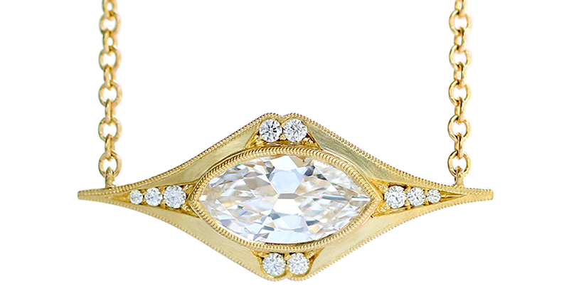 The navette-shaped “Estella” pendant in 18-karat gold combines a 0.44-carat antique marquise-cut diamond, 0.04 total carats of diamond accents, Winters’ signature finish and milgrain detail for a dainty and delicate look ($4,800). The navette-shaped “Estella” pendant in 18-karat gold combines a 0.44-carat antique marquise-cut diamond, 0.04 total carats of diamond accents, Winters’ signature finish and milgrain detail for a dainty and delicate look ($4,800).