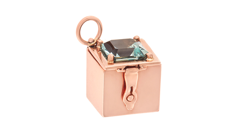<p><a href="https://marlaaaron.com/products/rose_gold_box_charm_with_aquamarine?variant=29390015823955" target="_blank" rel="noopener">Marla Aaron</a> Our Charmed Box with aquamarine set in 14-karat rose gold ($5,700) </p>