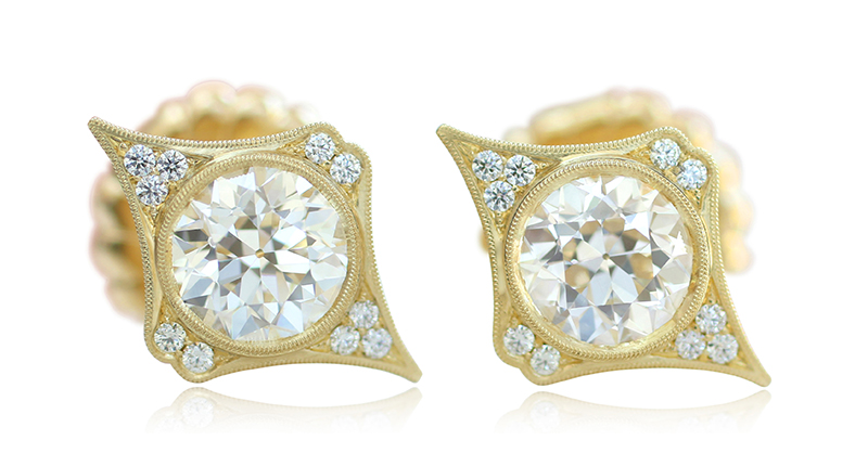 This pair of “Estella” elongated star-shaped earrings features a 1.63-carat total weight pair of old European-cut diamonds, 0.07 carats of diamond accents and milgrain detail in Winters’ signature finish and 18-karat gold ($14,200). These stud earrings can be worn diagonally up the ear. This pair of “Estella” elongated star-shaped earrings features a 1.63-carat total weight pair of old European-cut diamonds, 0.07 carats of diamond accents and milgrain detail in Winters’ signature finish and 18-karat gold ($14,200). These stud earrings can be worn diagonally up the ear.