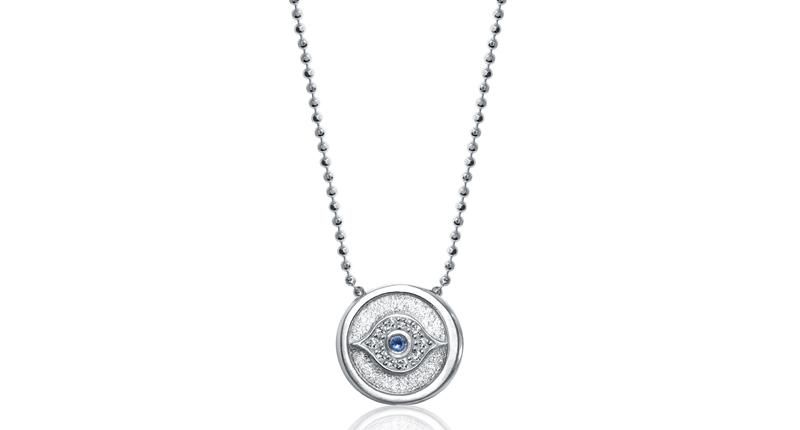 <a href="http://www.alexwoo.com" target="_blank" rel="noopener">Alex Woo</a> 14-karat white gold and diamond Faith evil eye necklace with sapphire accent ($1,198)