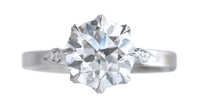 The “Grace” eight-prong solitaire engagement ring features petal-shaped diamond details on the underside and shoulders and Winters’ signature soft finish and milgrain detail. It’s shown here with an old European cut diamond set in platinum (settings start at $4,300 for 18-karat gold). The “Grace” eight-prong solitaire engagement ring features petal-shaped diamond details on the underside and shoulders and Winters’ signature soft finish and milgrain detail. It’s shown here with an old European cut diamond set in platinum (settings start at $4,300 for 18-karat gold).