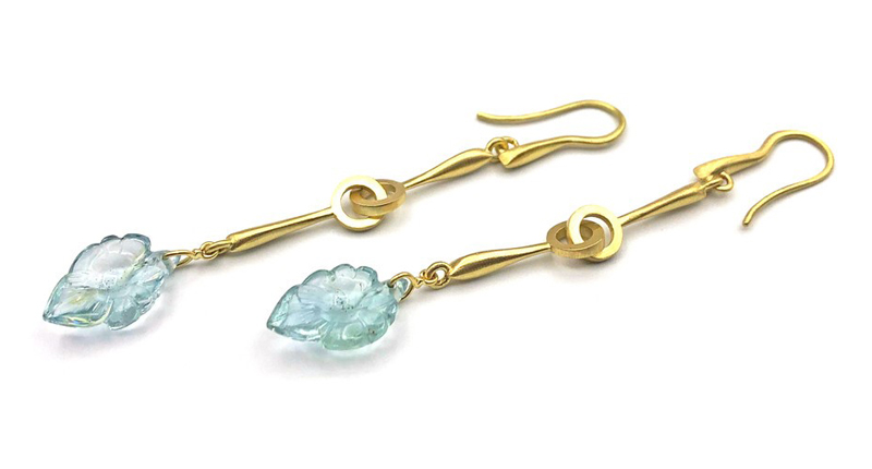 <p><a href="https://www.originaleve.com/product-page/aquamarine-leaf-long-chain-earrings-18k-yellow-gold" target="_blank" rel="noopener">Original Eve Designs</a> aquamarine leaf long chain earrings set in 18-karat yellow gold ($2,400) </p>