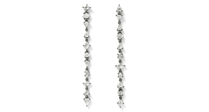 <a href="http://www.evafehren.com" target="_blank" rel="noopener noreferrer">Eva Fehren</a> off-set drop earrings in 18-karat blackened white gold with portrait-cut white diamonds (price available upon request)