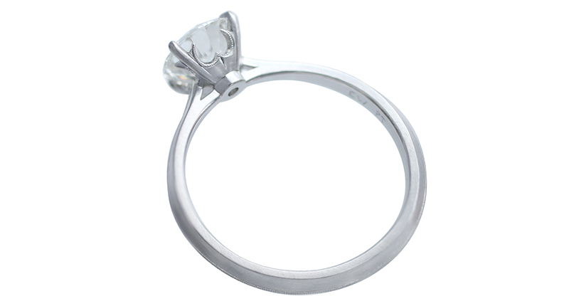 Winters’ “Laurel Cathedral” four-prong solitaire engagement ring with a sculpted shield and vine motif and slim knife-edge band features the designer’s signature soft finish and milgrain detail (setting from $2,900) Winters’ “Laurel Cathedral” four-prong solitaire engagement ring with a sculpted shield and vine motif and slim knife-edge band features the designer’s signature soft finish and milgrain detail (setting from $2,900)