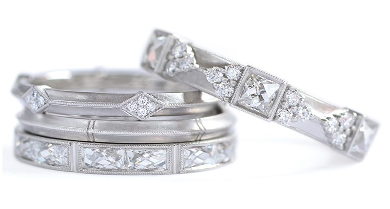 Pictured here (from top to bottom) are the Cordelia, Lily, Rose and Isabella wedding bands in platinum, with custom-cut French-cut diamonds and round brilliant cut-diamonds (from $1,200 to $5,100). Pictured here (from top to bottom) are the Cordelia, Lily, Rose and Isabella wedding bands in platinum, with custom-cut French-cut diamonds and round brilliant cut-diamonds (from $1,200 to $5,100).