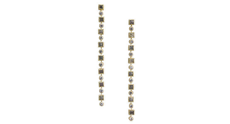 <a href="http://www.toddreed.com" target="_blank" rel="noopener noreferrer">Todd Reed</a> long dangle earrings with white brilliant-cut diamonds and raw diamond cubes in 18-karat yellow gold ($21,675)