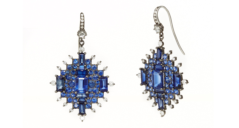 <a href="http://www.namcho.com" target="_blank" rel="noopener">Nam Cho</a> 18-karat white gold earrings with blue sapphires, kyanite and white diamonds ($10,990)