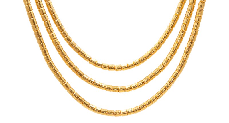 <p><a href="https://www.gurhan.com" target="_blank" rel="noopener">Gurhan</a> three-strand “Vertigo” necklace in 24-karat gold with hand-hammered tubular beads ($41,000) </p>