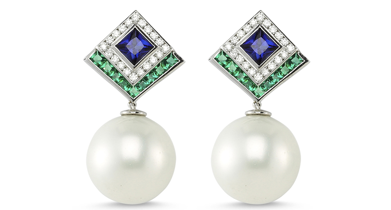 <a href="http://www.melisgoral.com" target="_blank" rel="noopener noreferrer">Melis Goral</a> Harmony Collection earrings with emerald, blue sapphire, diamond and pearl set in 18-karat white gold ($3,750)
