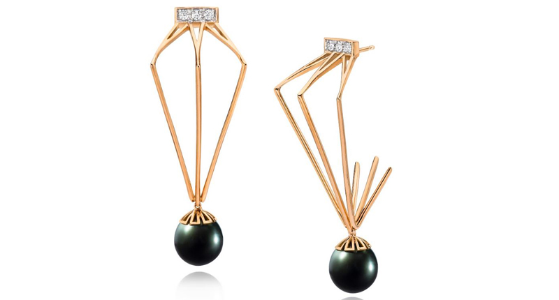 <a href="https://lillystreet.com/collections/radiance/products/radiance-corset-earrings-2" target="_blank" rel="noopener noreferrer">Lilly Street</a> 18-karat pink gold Radiance Corset earrings with black Tahitian pearls and diamonds ($9,980)