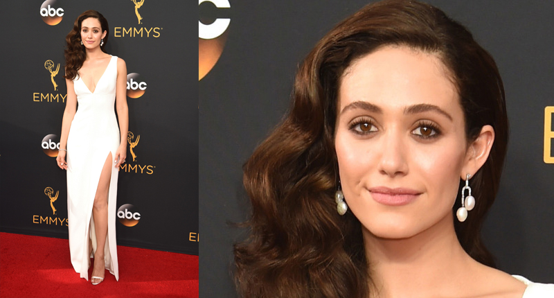 Emmy Rossum in 1920s diamond and natural pearl platinum earrings from Fred Leighton