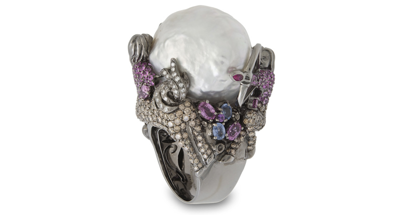 <a href="http://www.lydiacourteille.com" target="_blank" rel="noopener noreferrer">Lydia Courteille</a> 13th Sign Collection ring with a natural pearl, brown and white diamonds, rubies and sapphires set in 18-karat black rhodium-plated gold (price upon request)