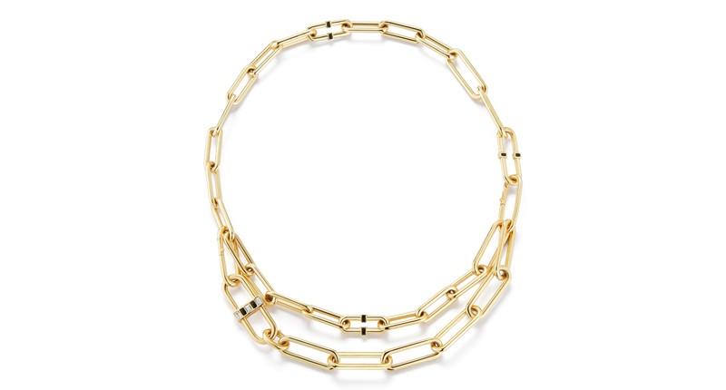 <p><a href="https://www.deborahpagani.com" target="_blank" rel="noopener">Deborah Pagani</a> 18-karat yellow gold “Pill Link” necklace with black enamel and diamonds ($13,900)</p>