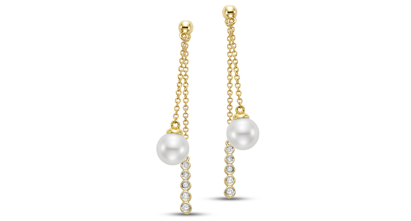 Mastoloni’s Sorrento Collection Caprice bezel earrings with 8-8.55 mm white cultured pearls in 18-karat yellow gold