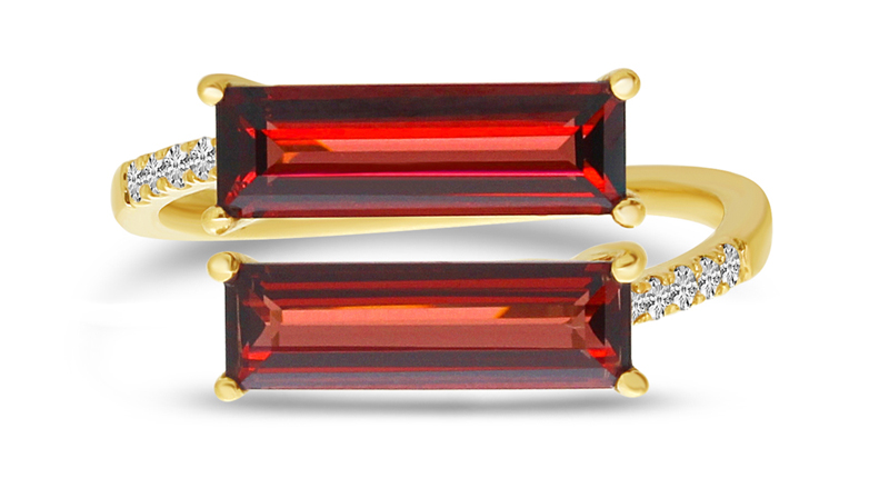 <a href="http://www.colormerchants.com" target="_blank" rel="noopener">Color Merchants</a> east-to-west baguette garnet ring in 14-karat gold with diamonds ($749)